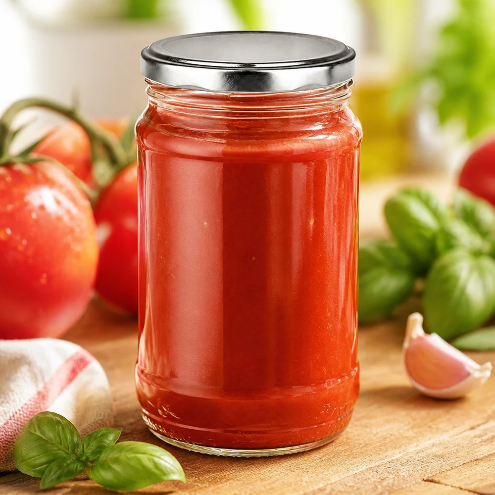 Bocal rond en verre de 370 ml + BasicSeal argenté UNiTWIST Bocal rond UniTwist de 370 ml avec couvercle BasicSeal argenté, idéal pour la mise en conserve de sauce tomate