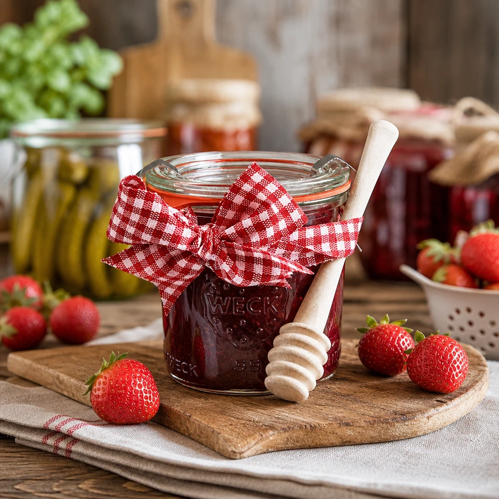Mini bocal conique WECK 140 ml complet avec cuillère à miel et nud WECK Verre renversé 140ml rempli de confiture de fraises Cuillère à miel en bois fraises fraîches cuisine rustique mise en conserve