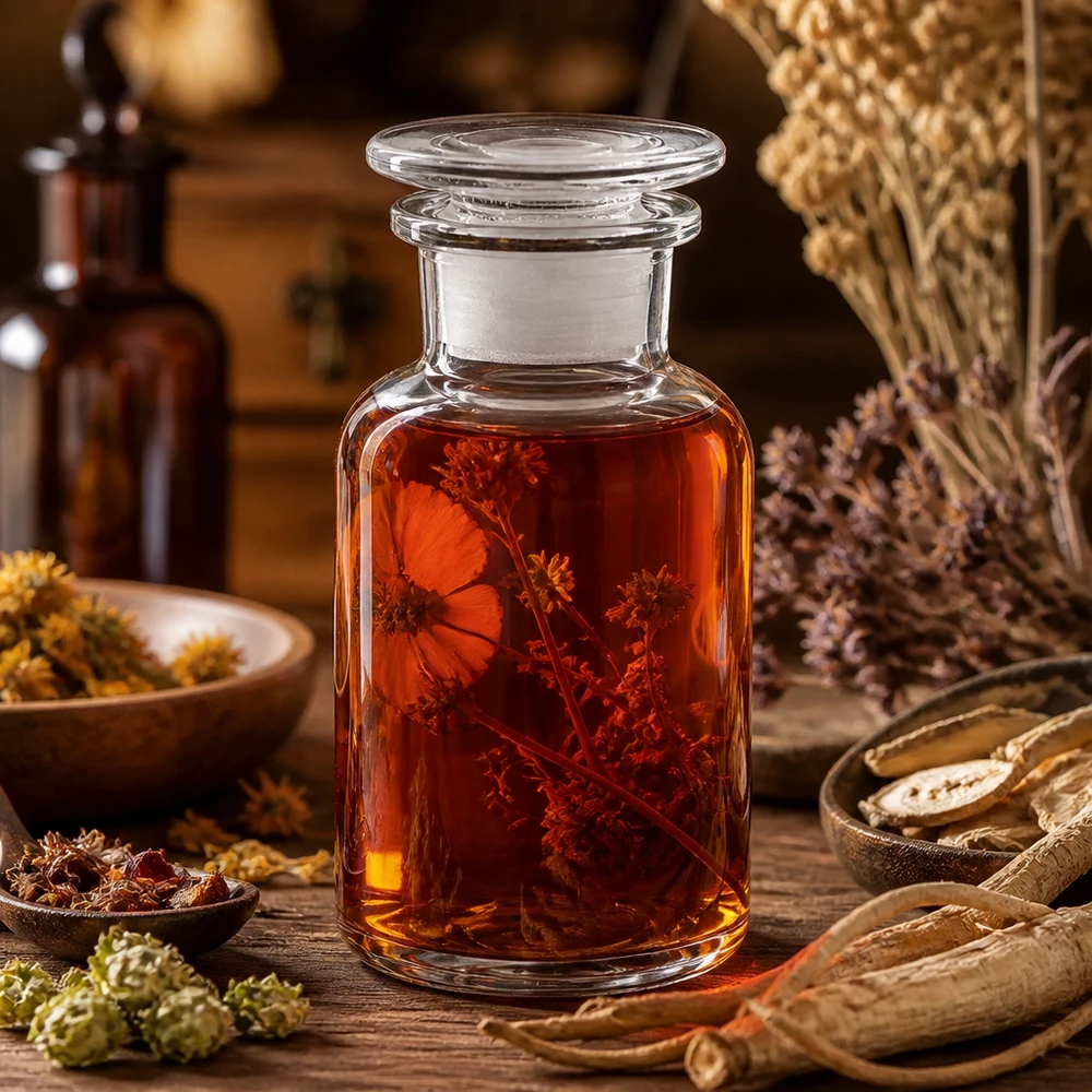 Flacon pharmaceutique 250 ml col large + bouchon verre clair Bouteille en verre de 250 ml à col large, munie d'un bouchon en verre, contenant des herbes médicinales séchées