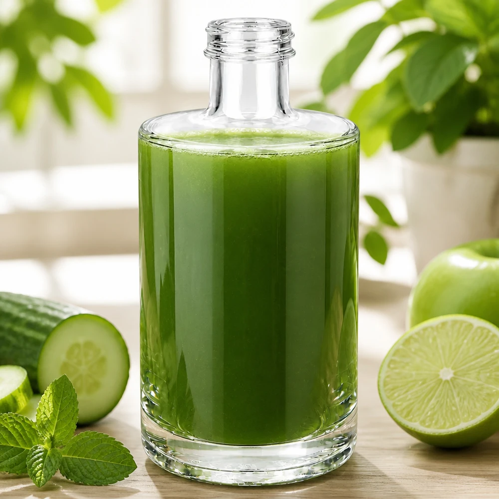 Bouteille en verre 375 ml « Sam » sans bouchon à vis UNiTWIST® Bouteille en verre Sam de 375 ml remplie de smoothie vert à côté de concombre citron vert et menthe sur fond de bois clair