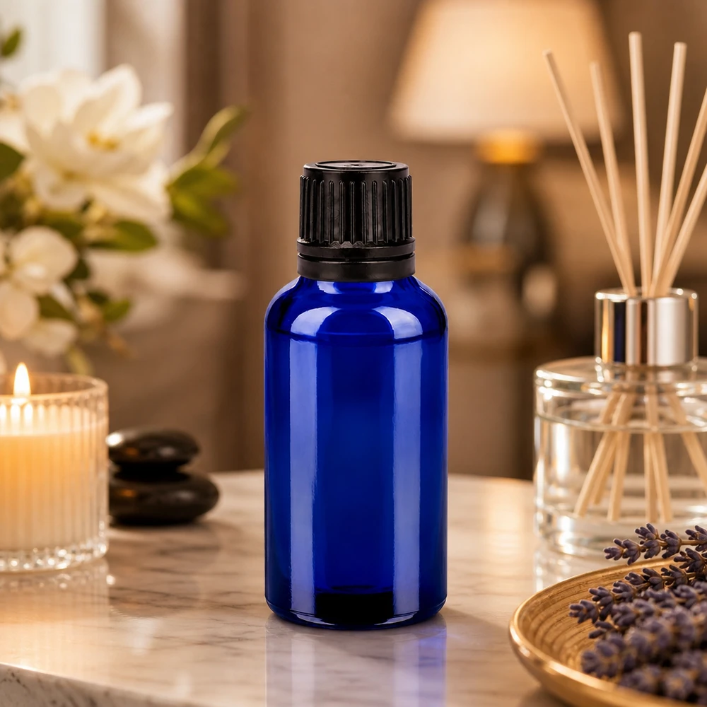 Flacon 30ml 11mm SV noir OV BlueLine UT18/30 Petit flacon en verre de 30 ml d'un bleu intense parfait pour les cosmétiques et les mélanges DIY