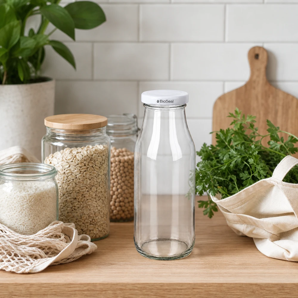 263ml Bouteille avec couvercle BioSeal blanc UNiTWIST UNiTWIST Bottle263 Bouteille en verre vide sur plan de travail en bois entre des légumineuses en bocaux et des herbes fraîches