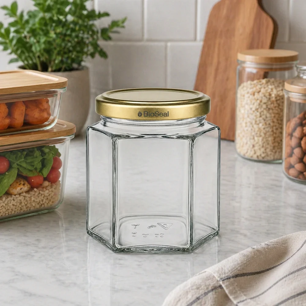 Pot de miel vide BioSeal hexagonal de 520g avec couvercle doré sur le plan de travail de la cuisine à côté des bocaux à provisions et des ustensiles de cuisine