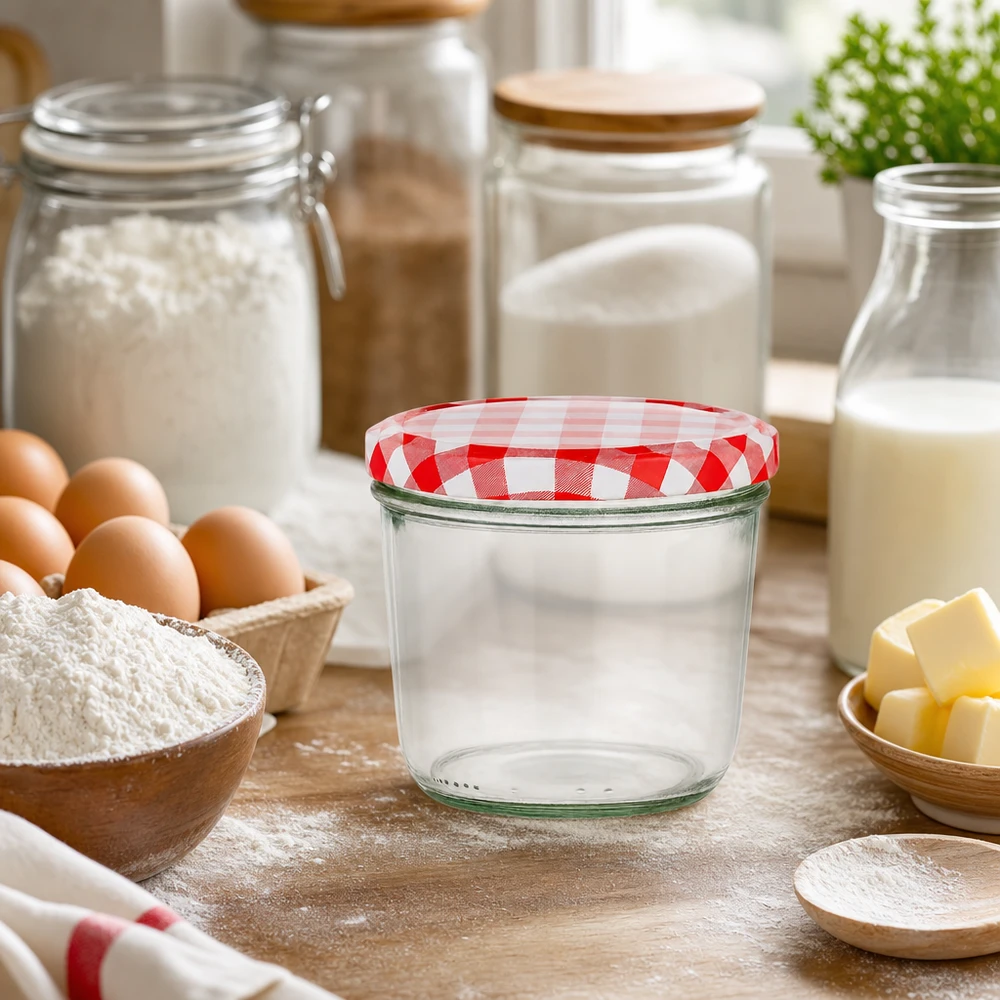 Bocal vide de 230 ml avec couvercle BasicSeal à carreaux rouges et blancs dans la cuisine entre la farine, les œufs et les produits laitiers.