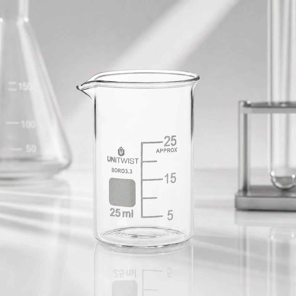 Bécher 25ml borosilicate, forme basse UNiTWIST Photo du produit UNiTWIST : bécher en verre de 25 ml, forme basse, avec flacon Erlenmeyer et matériel de laboratoire