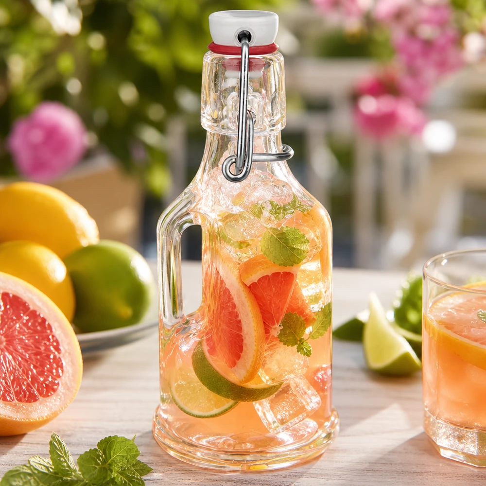 Bouteille en verre Bertha 200ml remplie d'eau au pamplemousse et au citron vert Ambiance jardin Boisson estivale UNiTW Bouchon à étrier