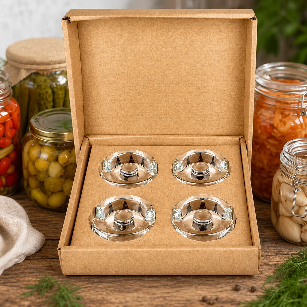 Fermentier-Glasgewichte 4er Set mit praktischen Griffen in stilvoller Verpackung neben eingelegtem Gemüse und Einmachglä