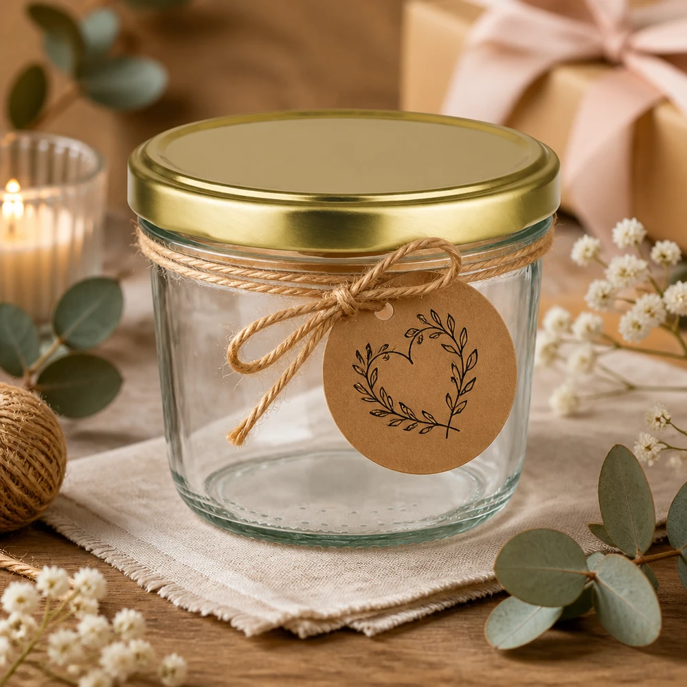 230ml Verre conique avec couvercle BasicSeal or UNiTWIST Verre renversé BasicSeal or 230 ml UNiTWIST décoré avec ruban cadeau et étiquette en papier kraft