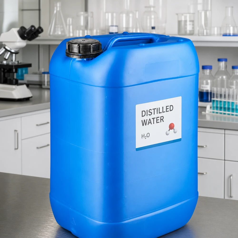 Grand bidon de laboratoire bleu de 25 L, muni d'un bouchon inviolable et d'une poignée robuste
