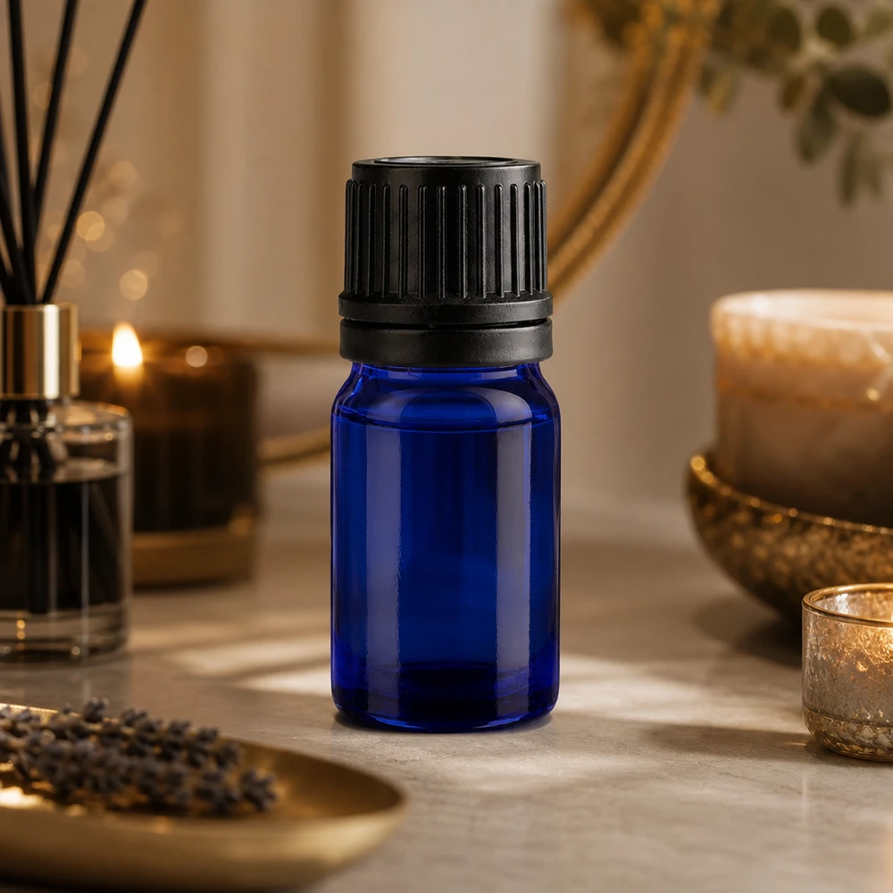 Flacon 5ml 11mm SV noir OV BlueLine UT18/5 Flacon en verre robuste de 5 ml bleu cobalt avec bouchon à vis noir durable