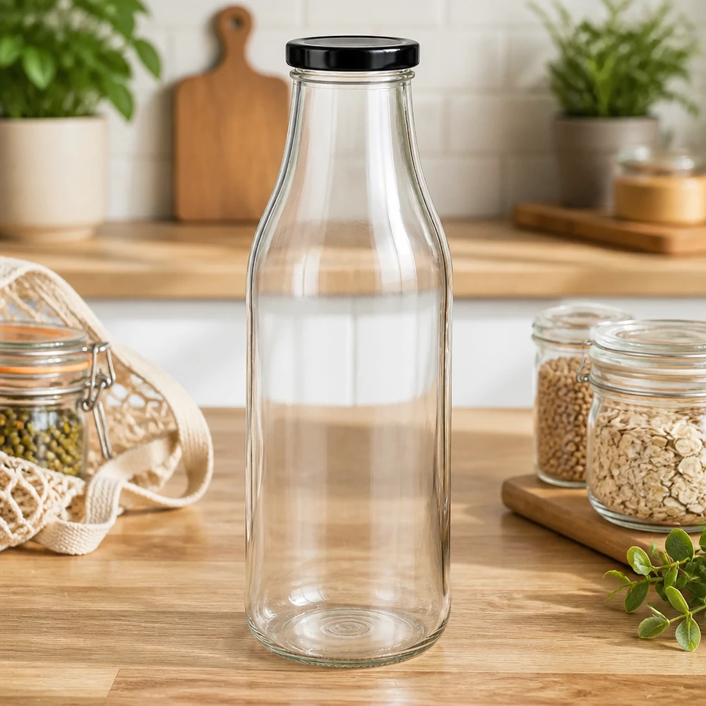 1000ml Bouteille avec couvercle BasicSeal noir UNiTWIST 1000ml Glasflasche mit schwarzem Deckel in Zero-Waste Küche zwischen Vorratsgläsern und nachhaltigen Utensilien