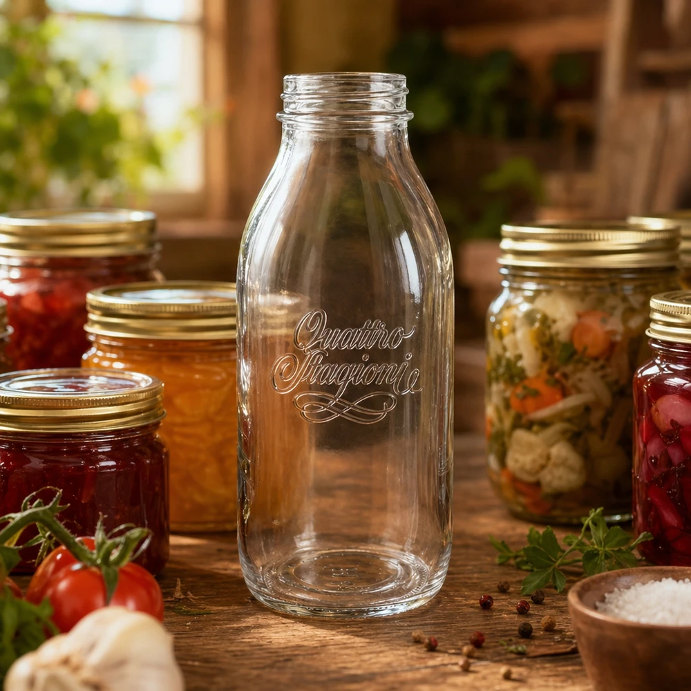 1000ml Bouteille en verre "Quattro Stagioni" QS56mm Bouteille en verre à col large Quattro Stagioni de 1000 ml pour la mise en conserve et la conservation des aliments sur table en bois
