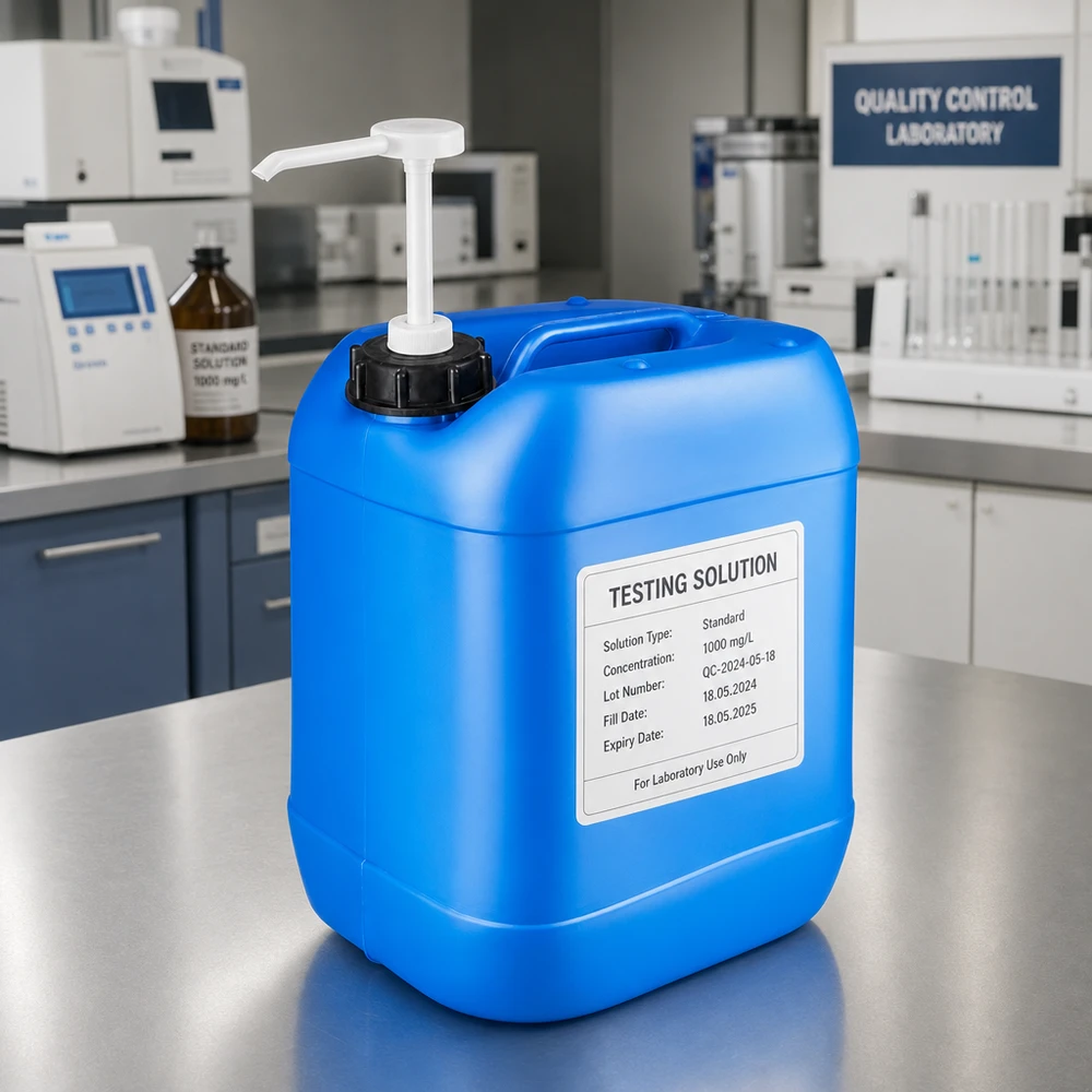 Bidon robuste en PEHD de 20 L, bleu, muni d'une pompe pour le prélèvement dosé de produits chimiques de laboratoire