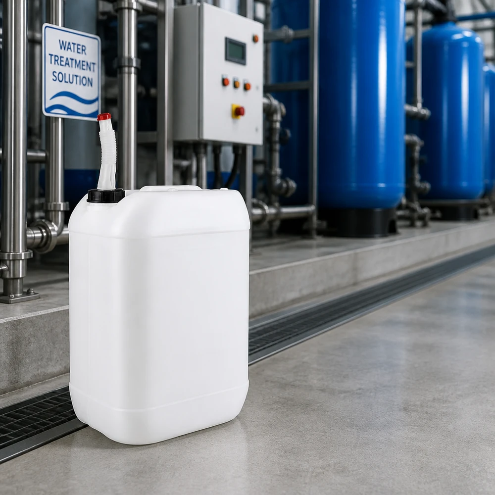 Bidon en plastique de 25 litres adapté au contact alimentaire, équipé d'un bec verseur flexible, destiné aux solutions chimiques de traitement de l'eau