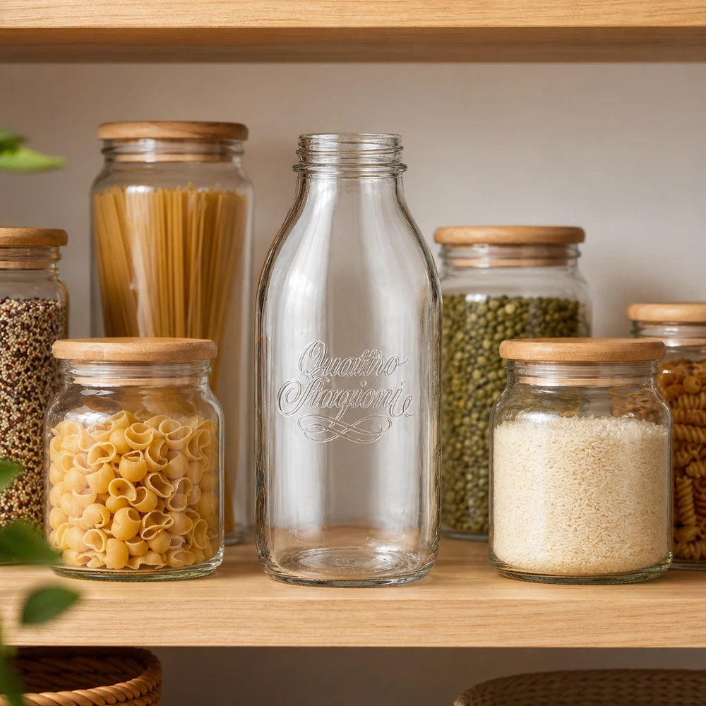 1000ml Bouteille en verre "Quattro Stagioni" QS56mm Bouteille à col large Quattro Stagioni de 1000 ml en verre avec couvercle en bois entre les bocaux de stockage avec pâtes et riz sur l'étagère