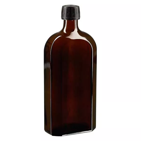 Flasque brune de 500 ml au goulot PP 28, avec bouchon à vis PP 28 noir, joint en PEE et système d’inviolabilité