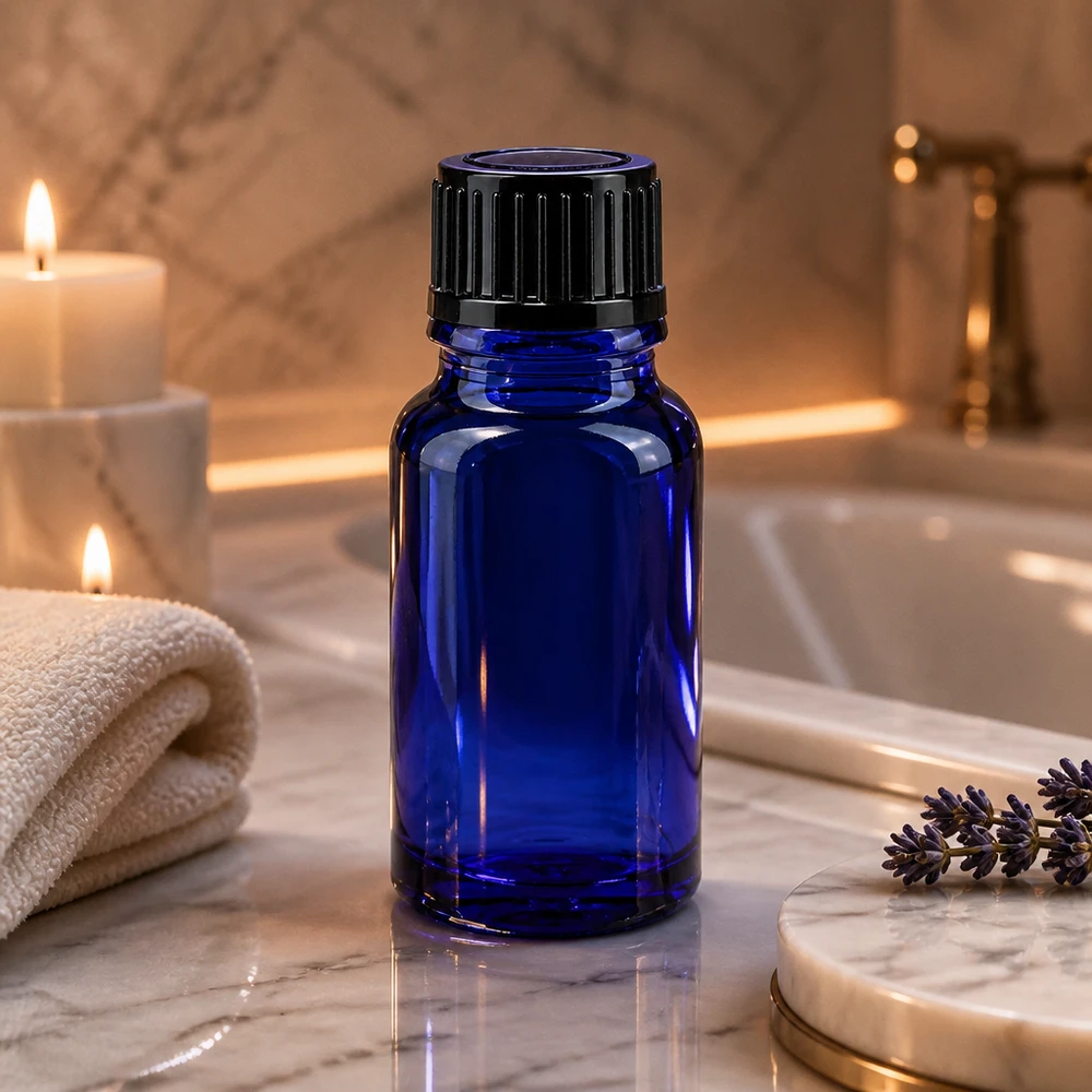 Flacon de pharmacie bleu 10ml, noir 1mm std Flacon bleu avec bouchon à vis noir de 10 ml pour les cosmétiques et la médecine naturelle