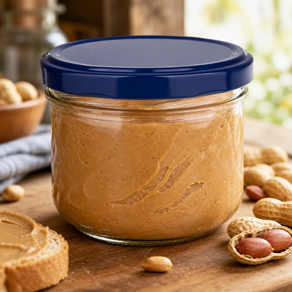 260ml Verre conique avec couvercle BasicSeal bleu UNiTWIST 260ml pot renversé avec couvercle BasicSeal bleu rempli de beurre de cacahuètes entouré de cacahuètes sur table en bois
