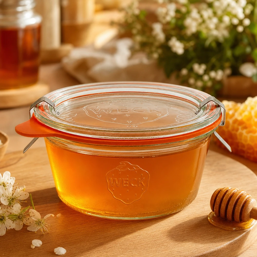 WECK Pot renversé 290ml RR100 rempli de miel doré à côté de la cuillère à miel et des rayons comme conservation naturelle