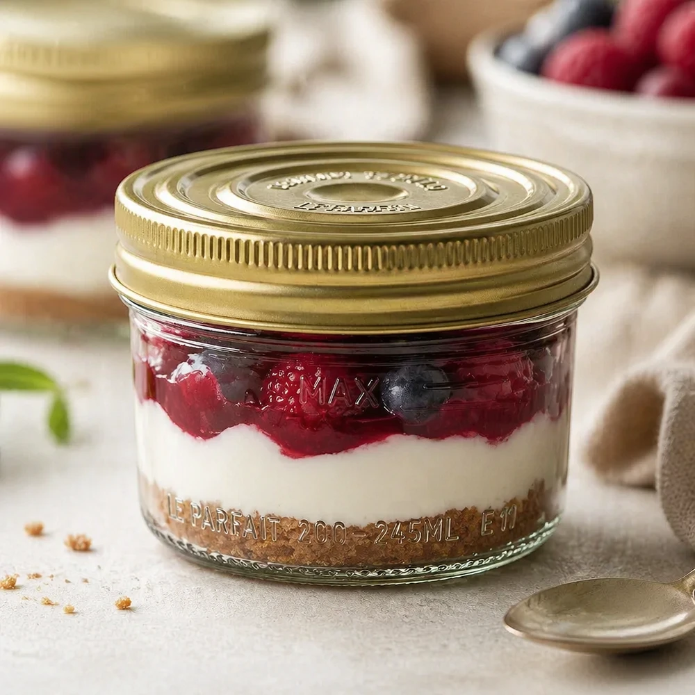 Le Parfait® Familia Wiss 200 g Ø82 mm bocal 245ml Verre à pied Familia Wiss avec couvercle doré rempli de dessert de baies et de crème sur table en bois