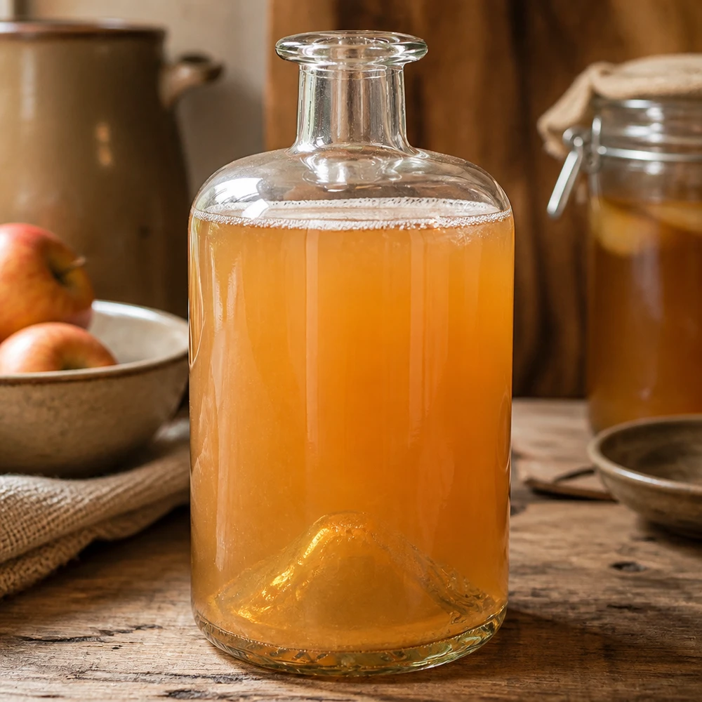 Flacon à pharmacie « 500ml Glasflasche "Sofia" ohne Verschluss UNiTWIST » 500 ml sans bouchon UNiTWIST® Bouteille de pharmacie Sofia de 500ml remplie de Kombucha boisson fermentée cuisine table rustique en bois bouteille en verre UNiTWIST