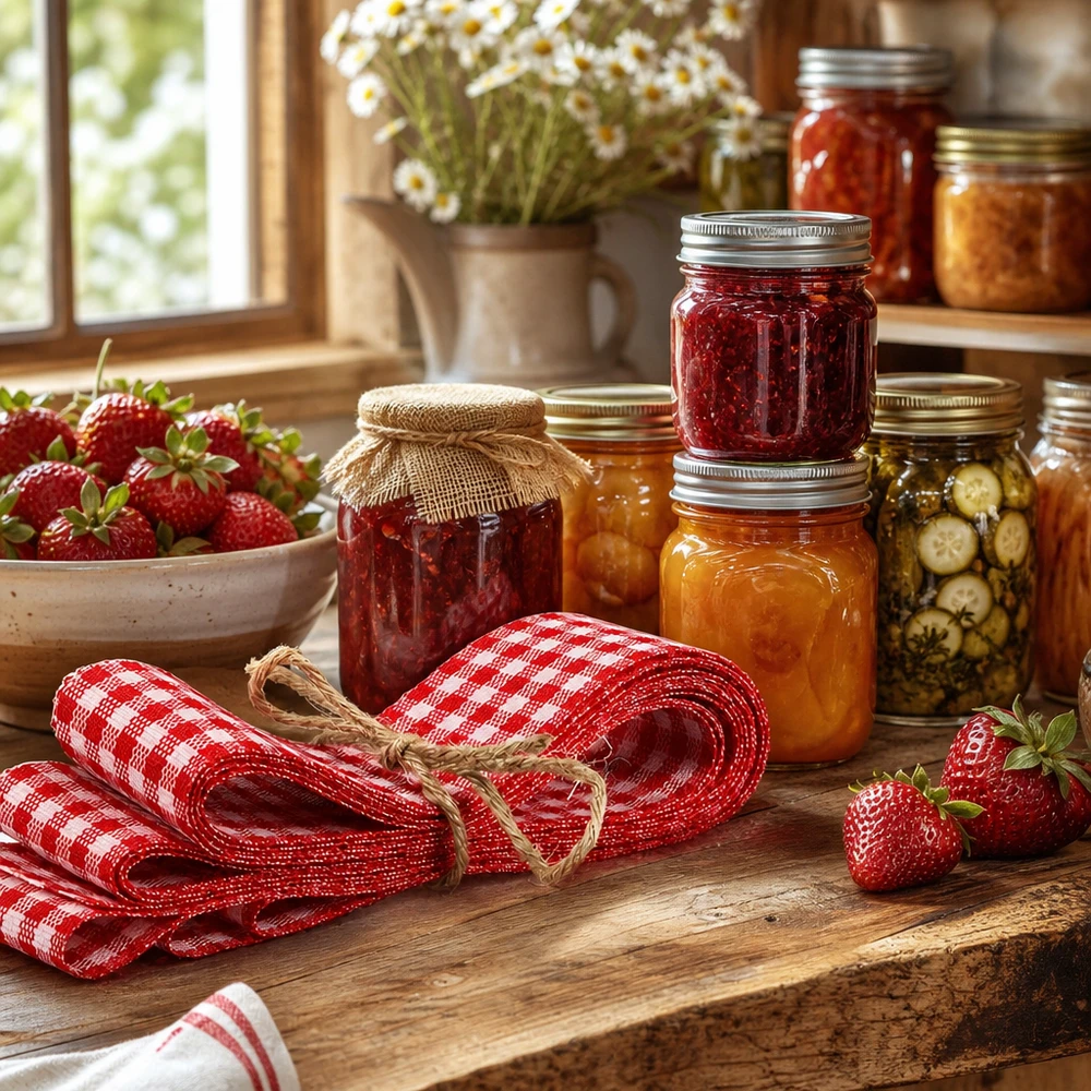 Ruban de tissu à carreaux rouge et blanc 300cm arrangé de manière décorative avec des bocaux et des fraises dans une cuisine rustique