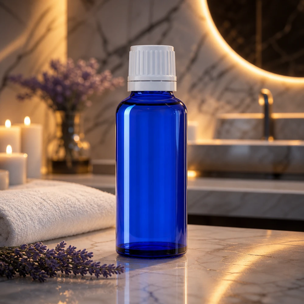 Flacon à pharmacie bleu 30ml bouchon compte-gouttes 1.2mm blanc bouchon inviolabilité Flacon en verre bleu cobalt de 30 ml muni d'un compte-gouttes de 0,7 mm, dans une ambiance spa luxueuse baignée d'une lumière chaleureuse