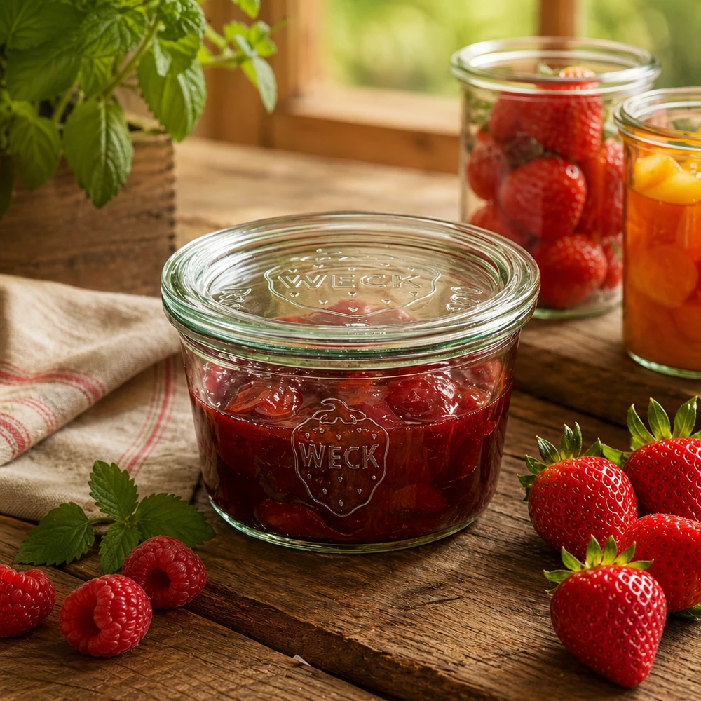 Bocal WECK RR100 de 290 ml, à bord évasé et couvercle en verre WECK Pot de conserve 290ml rempli de confiture de fraises sur table en bois avec baies fraîches et ambiance cuisine