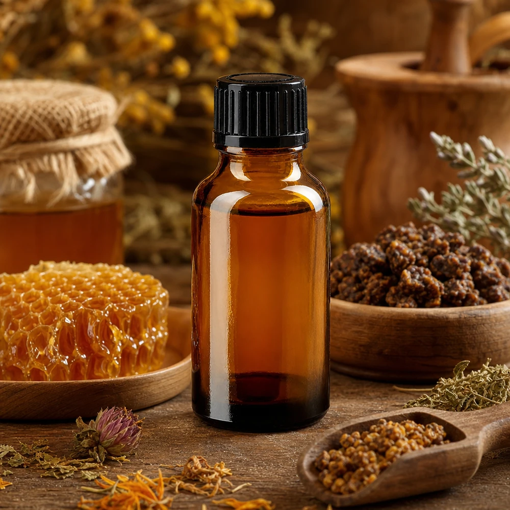 Flacon de pharmacie de 20 ml en verre ambré avec bouchon de 11 mm, destiné à contenir du miel à la propolis et des plantes médicinales