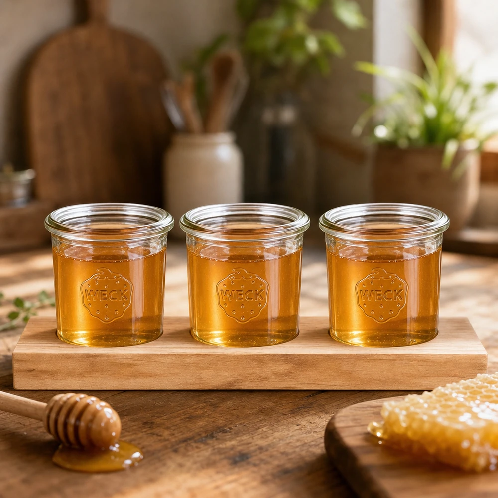 Miel présenté naturellement dans des pots WECK de 140 ml sur une planche à servir en bois avec cuillère à miel et alvéoles
