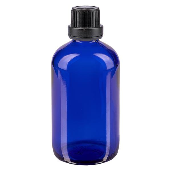 Flacon de pharmacie bleu 100ml bouchon vissable noir bouchon inviolabilité Flacon de pharmacie bleu 100ml bouchon vissable noir bouchon inviolabilité
