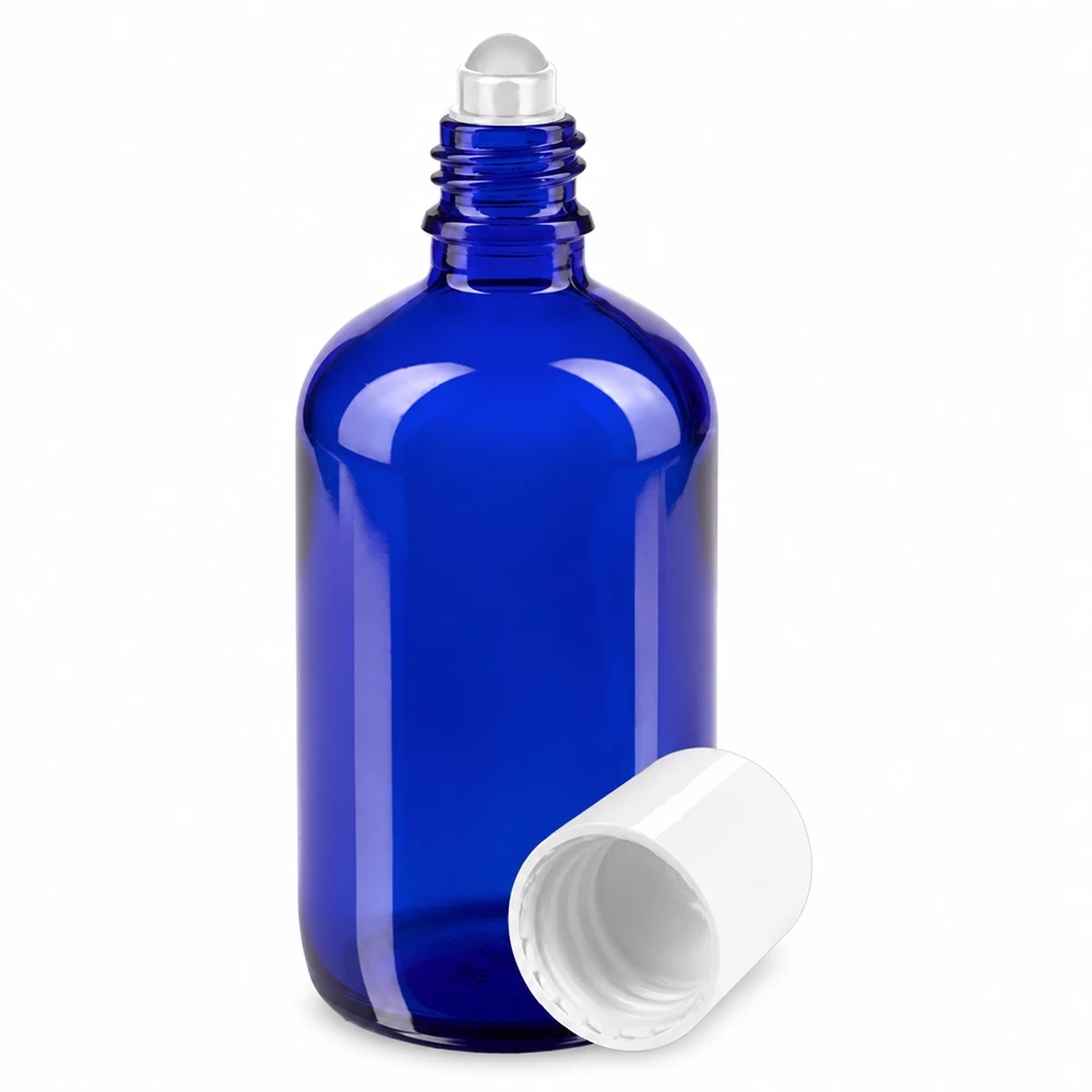 Flacon en verre bleu de 100 ml avec applicateur à bille et bouchon à vis blanc STD ApoGlas
