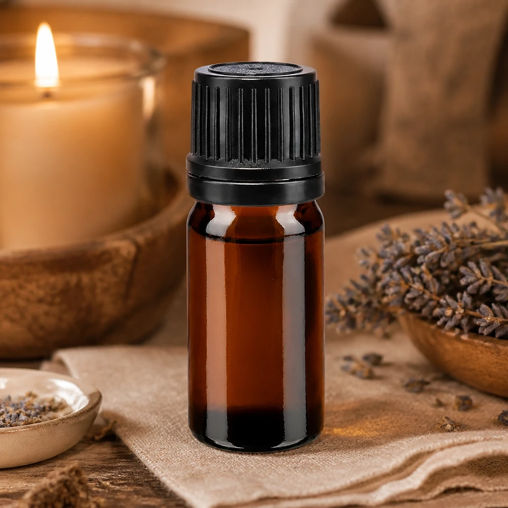 Flacon de pharmacie brun 5ml bouchon vissable noir bague de coulée bouchon d'inviolabilité Flacon de pharmacie compact de 5 ml en verre anti-UV, muni d'un bouchon noir d'emballage d'origine, avec une décoration à la lavande