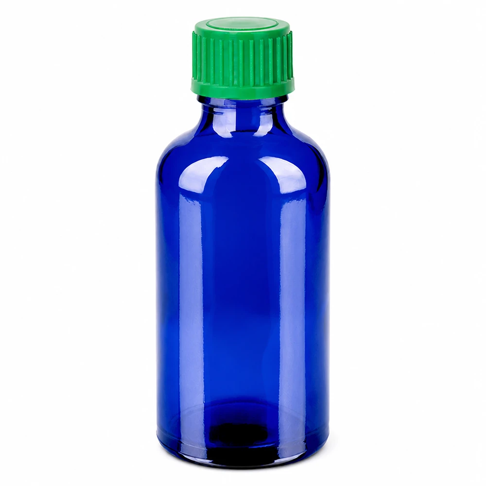 Flacon compte-goutte 50ml 0.8mm vert STD BlueLine UT18/50 Flacon compte-gouttes 50ml en verre bleu avec bouchon à vis vert UT18/50