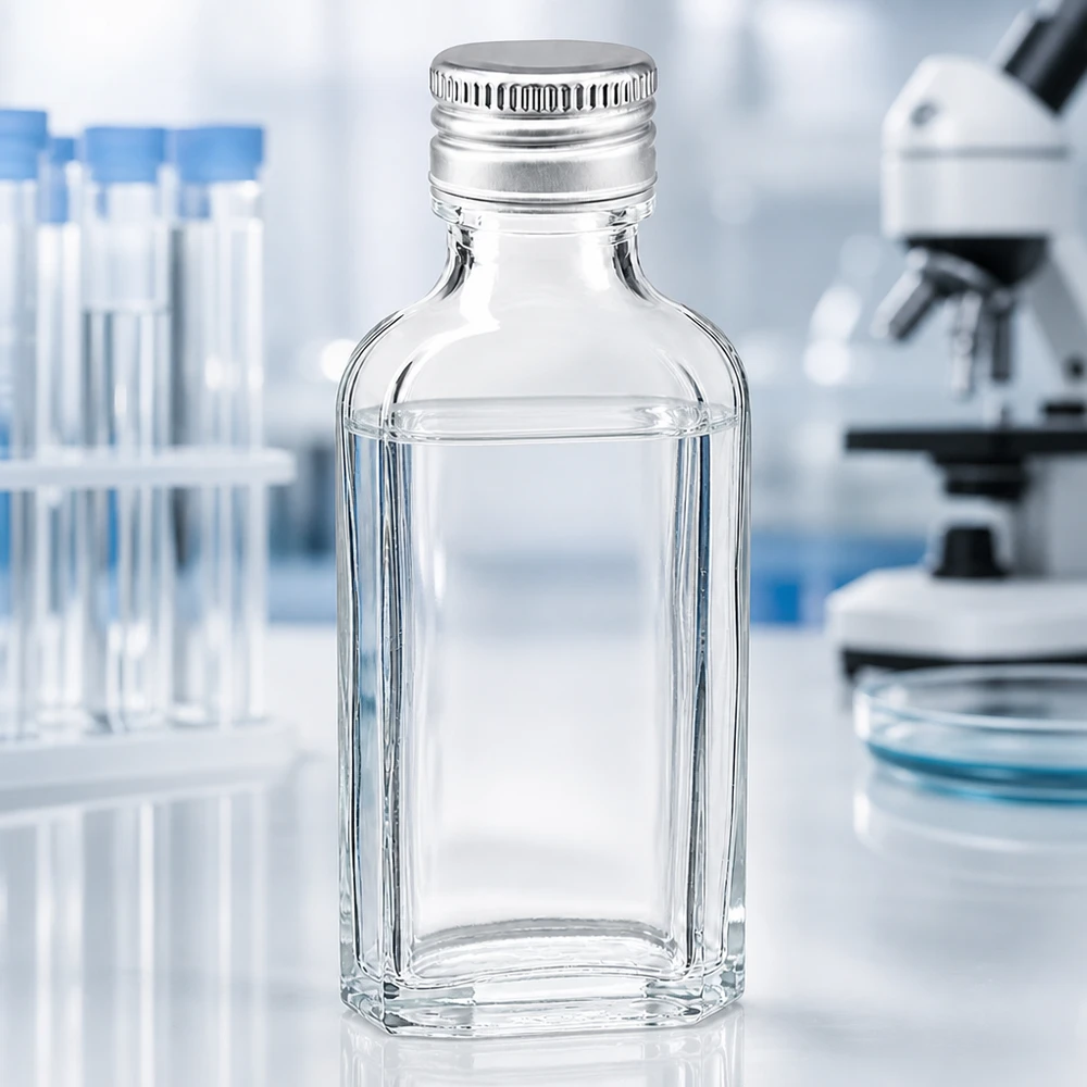 Flacon en verre rectangulaire à fond plat de 50 ml avec bouchon à vis en aluminium argenté PP22, destiné à un usage en laboratoire