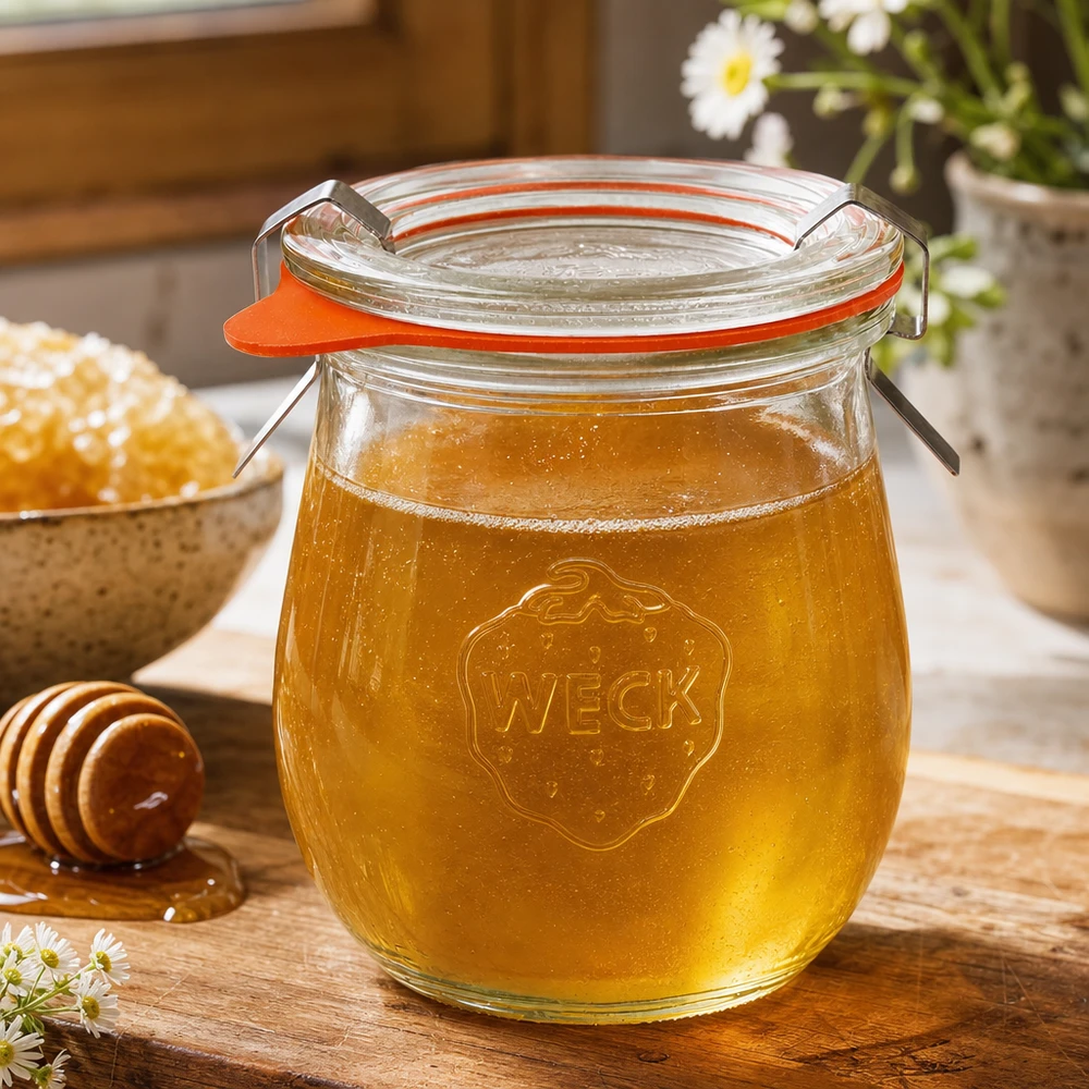 WECK Pot tulipe 220ml RR60 rempli de miel sur une table en bois à côté d'une cuillère à miel et d'alvéoles dans une cuisine rustique
