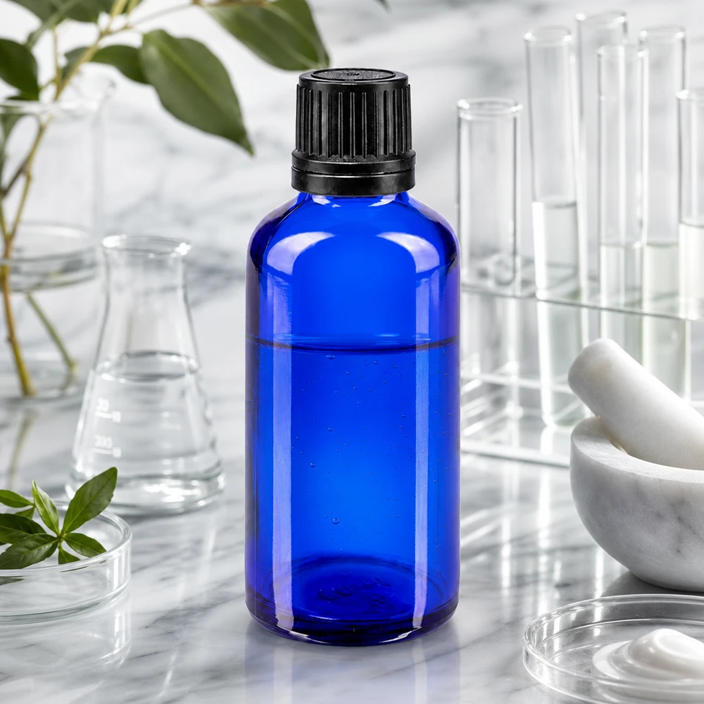 Flacon en verre de pharmacie bleu cobalt de 50 ml, muni d'un bouchon OV à sécurité enfants, avec un mortier en arrière-plan