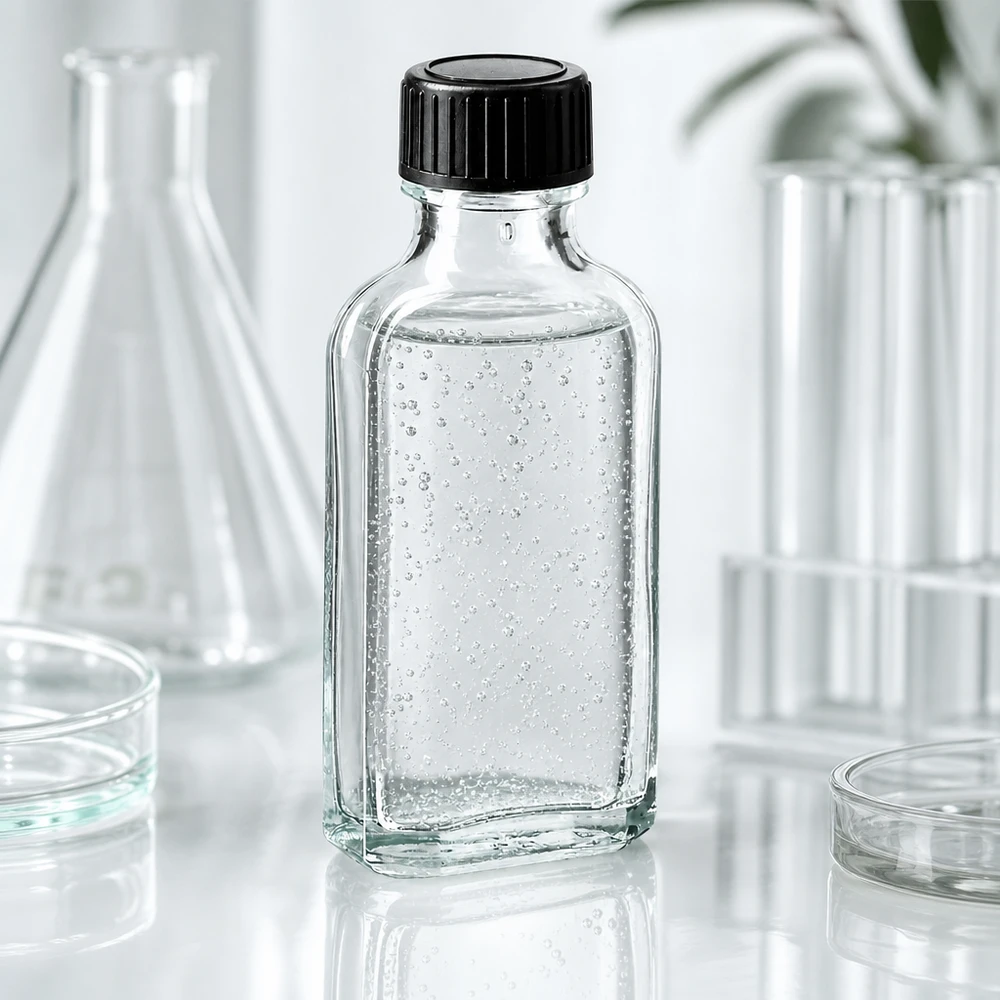 Flacon de laboratoire Meplat transparent de 50 ml, muni d'un joint en EPE entre le ballon d'Erlenmeyer et les tubes à essai