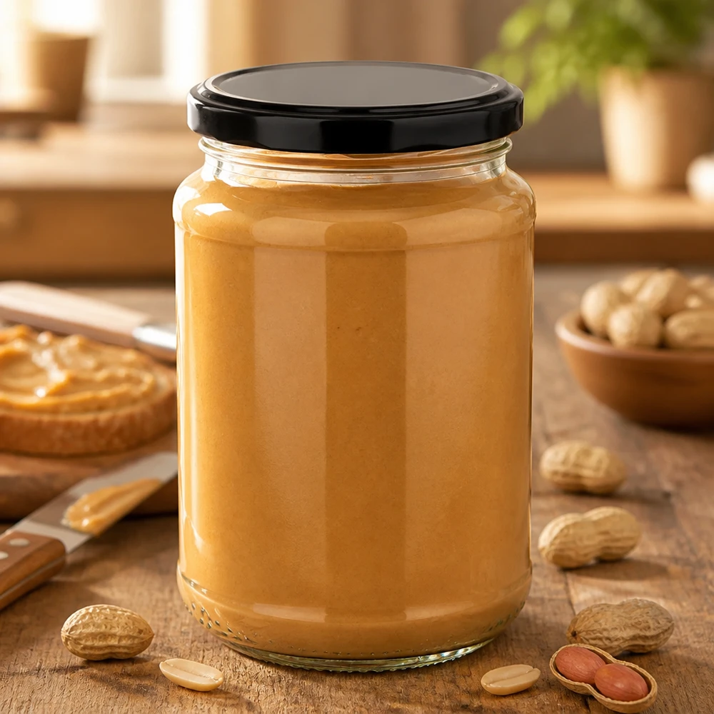 Pot en verre rond UNiTWIST de 320 ml avec bouchon BasicSeal noir à vis pour le beurre de cacahuètes et les cacahuètes fraîches