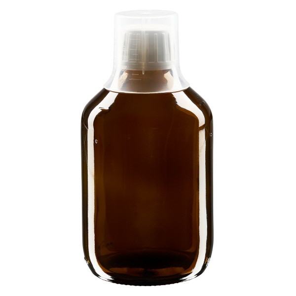 Flacon médical norme européenne de 300 ml, avec bouchon à vis blanc et gobelet doseur de 30 ml Flacon médical norme européenne de 300 ml, avec bouchon à vis blanc et gobelet doseur de 30 ml