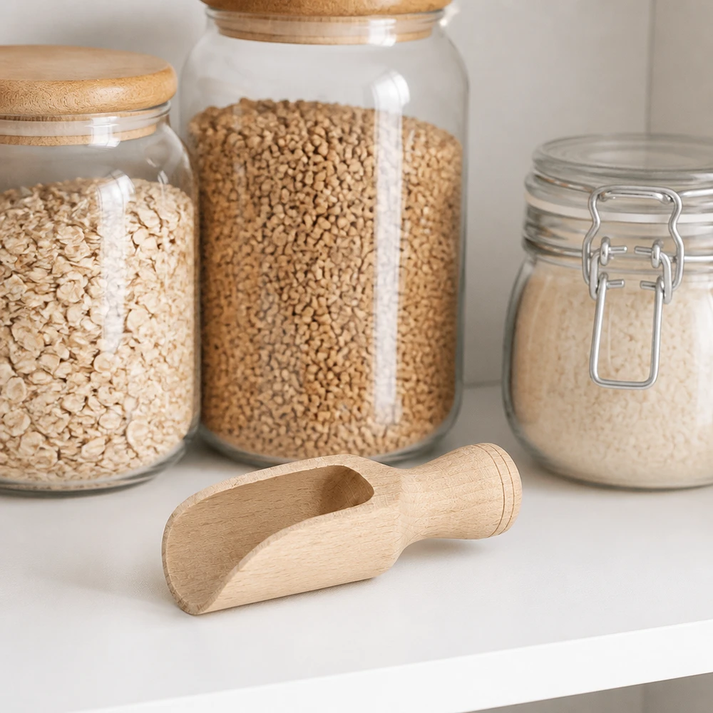 Pelle en bois taille S forme semi-circulaire - 75mm de long Pelle en bois de hêtre S 7,5cm dans le setting de l'office avec des bocaux de stockage pour les céréales, les légumineuses et la farine