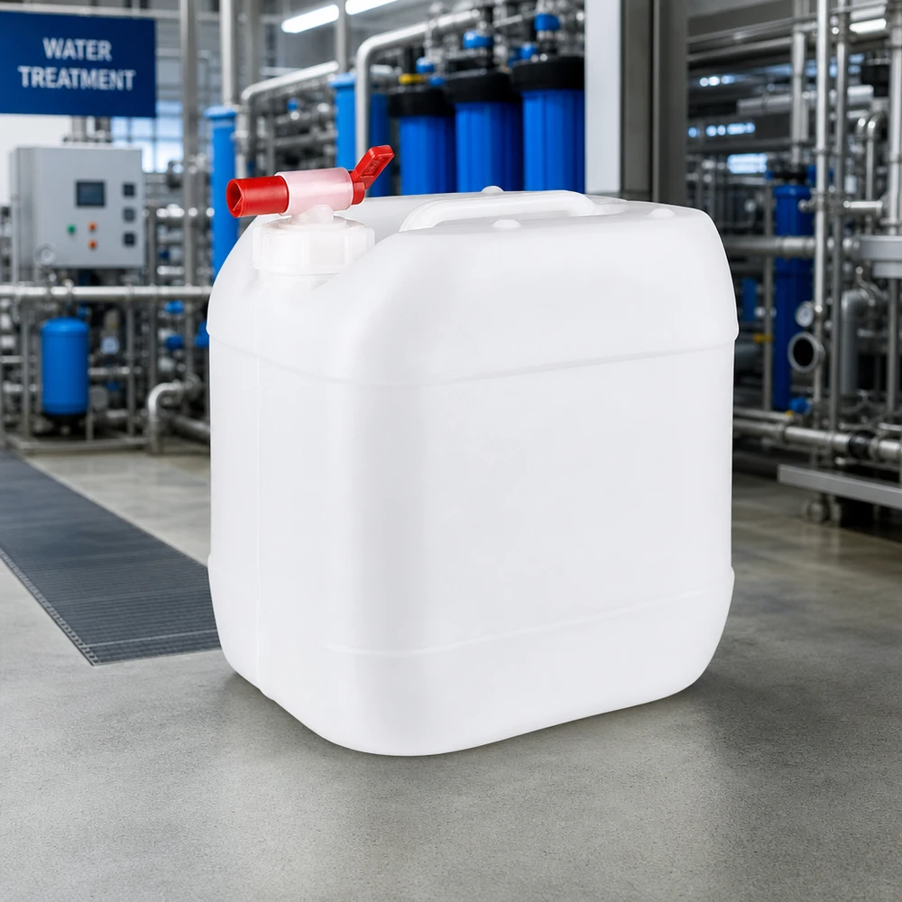 Bidon plat robuste de 15 litres, blanc translucide, avec robinet de vidange, destiné aux produits chimiques