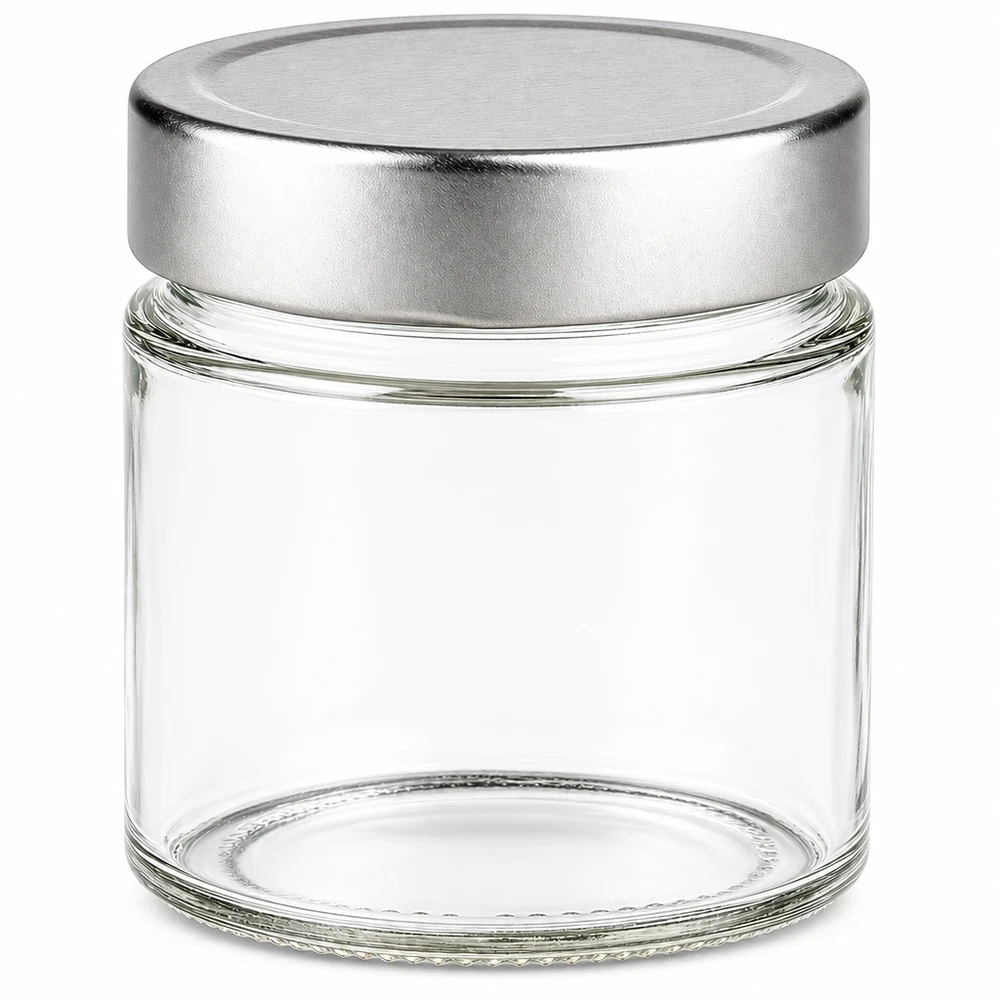 Bocal rond de 135ml avec couvercle BasicSeal argenté vide sur fond blanc Bocal de conservation en verre