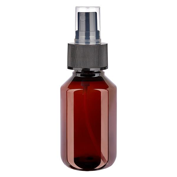 Flacon médical de 100 ml en PET, avec spray noir GCMI 28/410 et capuchon transparent standard