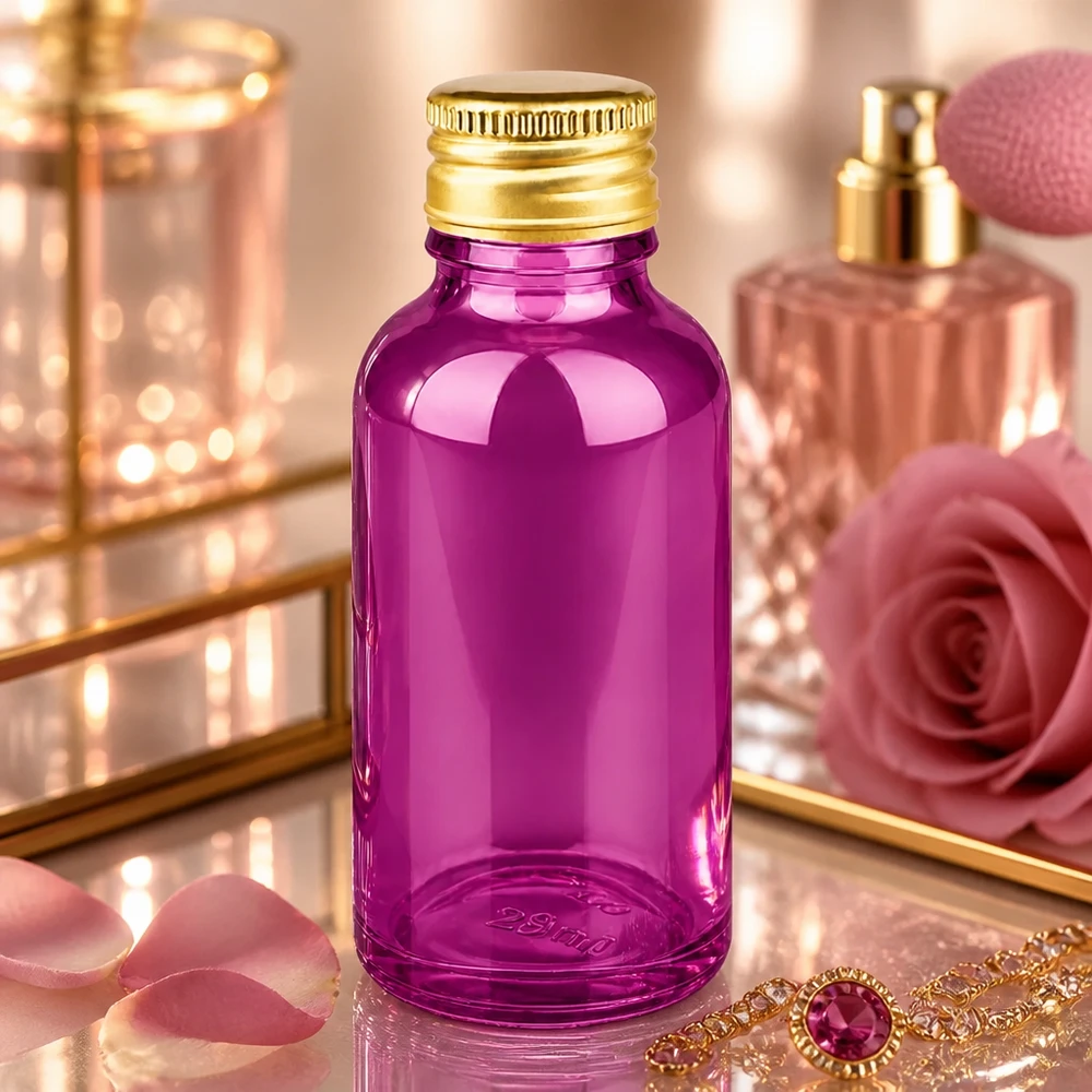 Flacon 30ml bouchon à visser 11mm alu-or standard PurpleLine. UT18/30 Pot violet premium de 30 ml pour cosmétiques naturels avec bouchon SV hermétique et capuchon métallique doré