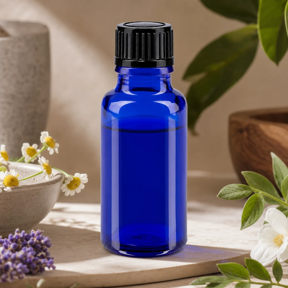 Flacon à pharmacie bleu 20ml bouchon à vis noir standard Flacon en verre bleu cobalt haut de gamme de 20 ml, avec protection UV et bouchon noir, destiné aux huiles