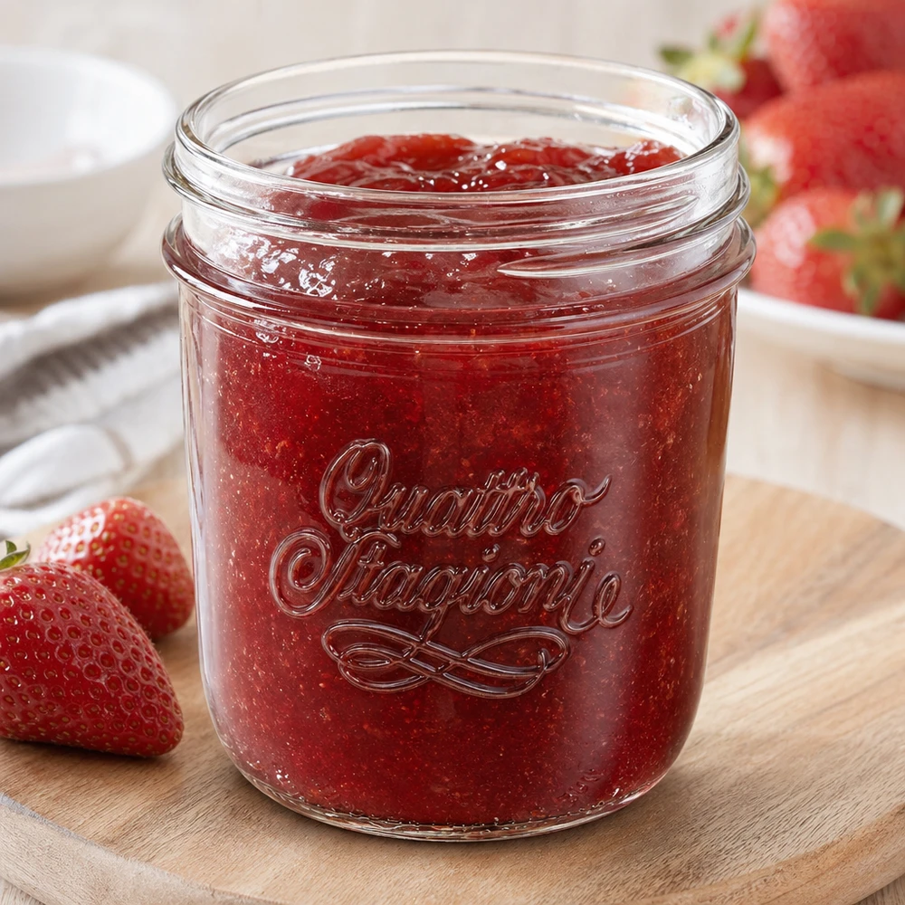 Quattro Stagioni Sturzglas 320ml mit Erdbeermarmelade gefüllt auf Holzbrett mit frischen Erdbeeren