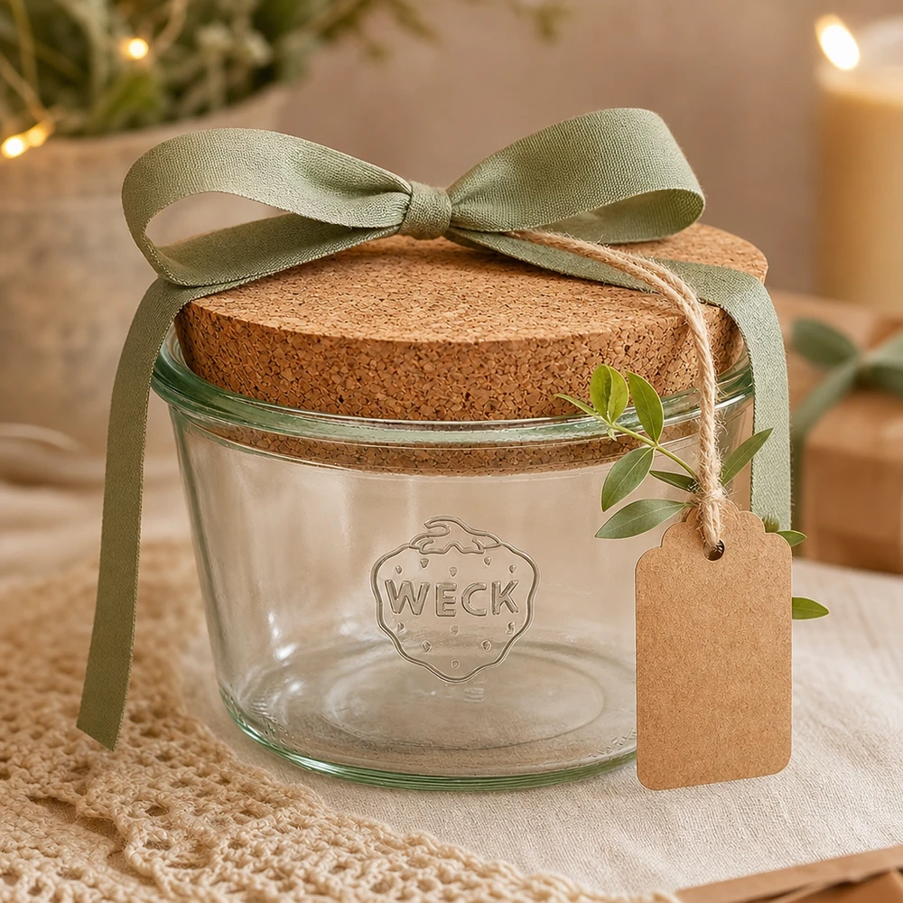 370ml bocal conique WECK RR100 avec bouchon nature WECK Verre renversé 370ml RR100 avec couvercle en liège comme cadeau décoré avec un ruban vert et un pendentif dans l'ambiance de la maison