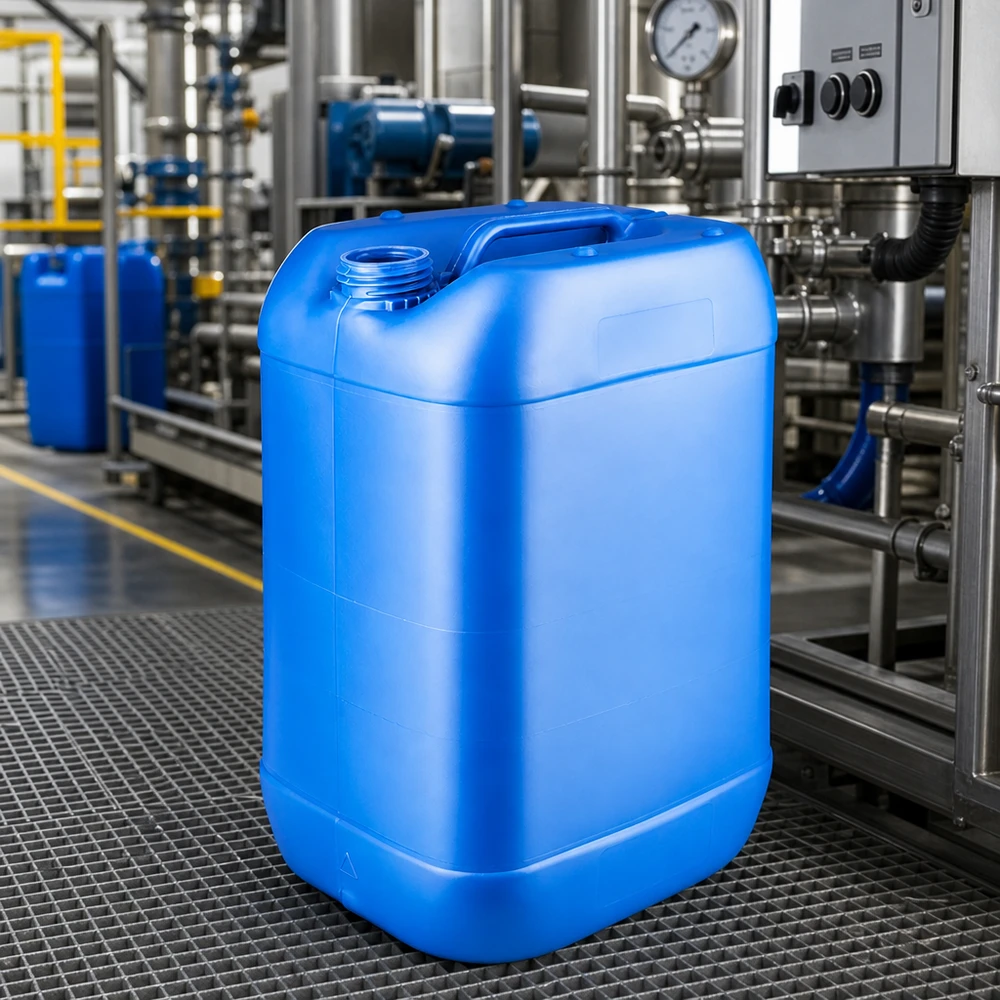Bidon bleu de 25 litres, sans bouchon, empilable, destiné aux produits chimiques et aux consommables