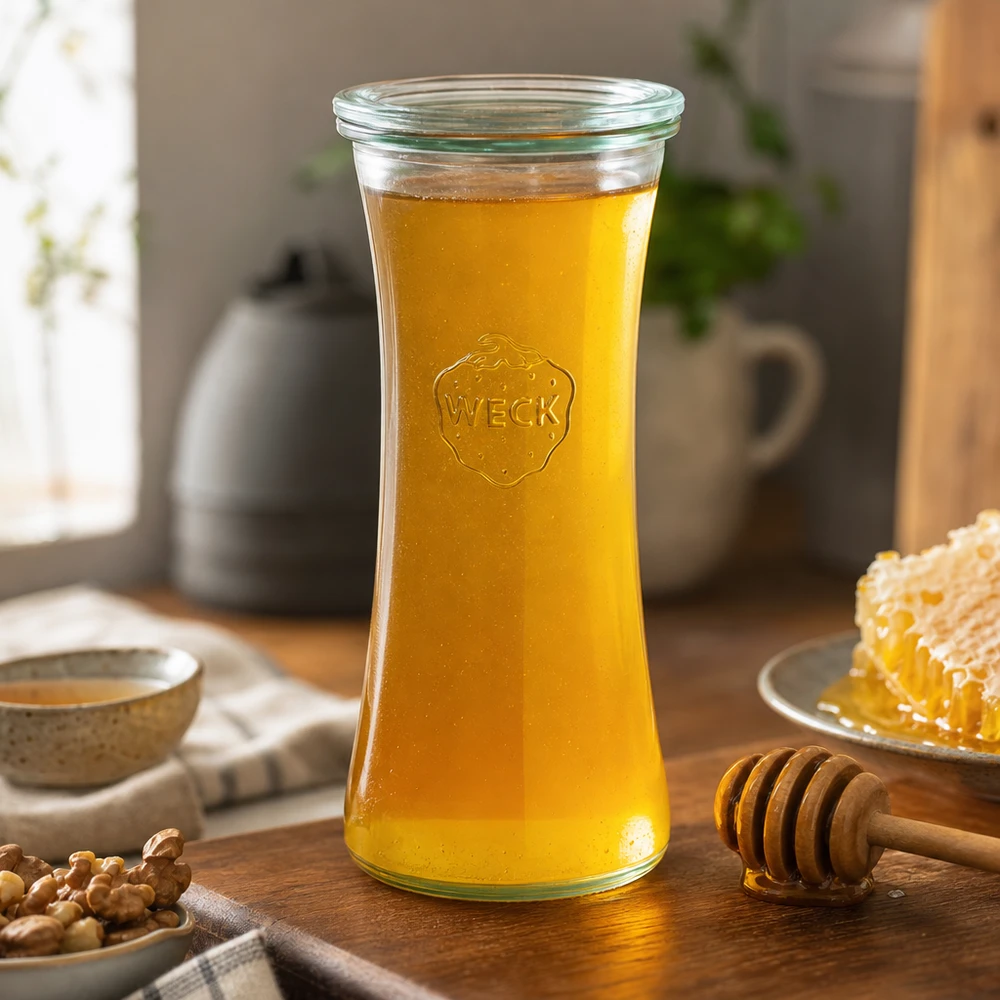 700ml bocal à gourmandises avec bouchon en verre WECK RR80 WECK Pot d'épicerie fine 700ml RR80 rempli de miel à côté d'un rayon de miel et d'une cuillère à miel dans une cuisine conviviale
